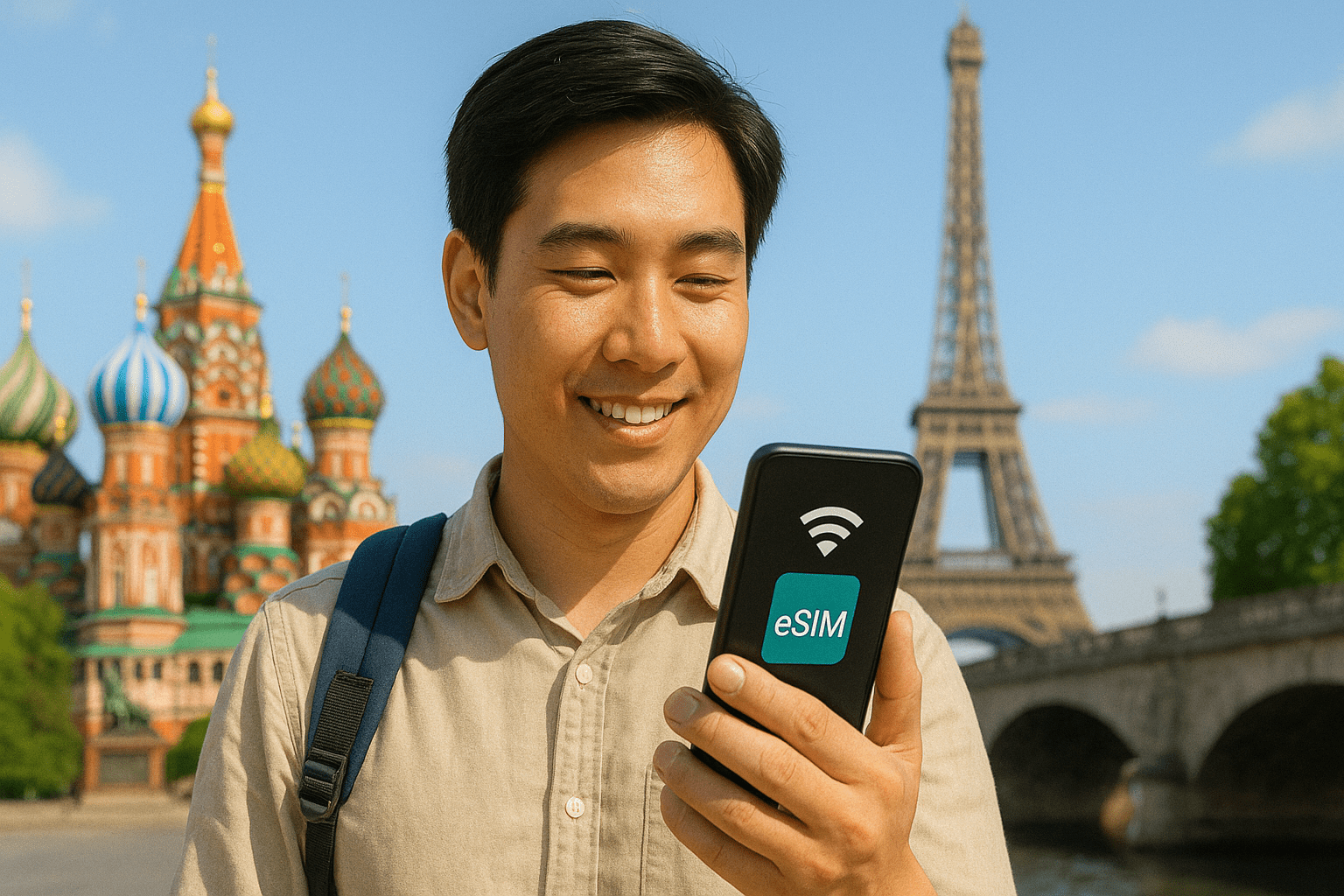 Traveler Using Phone Abroad with Nomad eSIM
