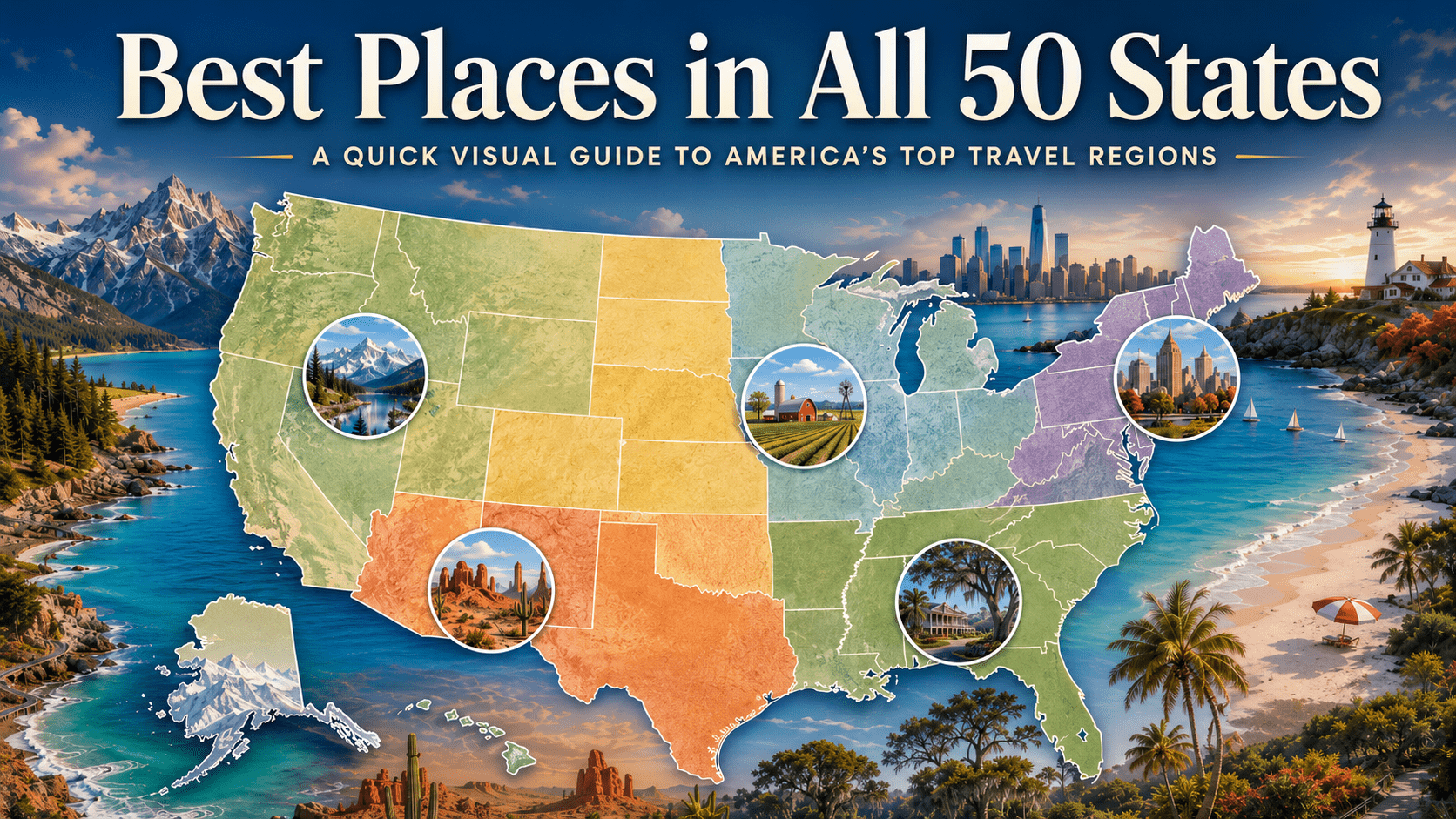 Places to visit in every state across the USA including mountains, beaches, cities, road trips, and landmarks.
