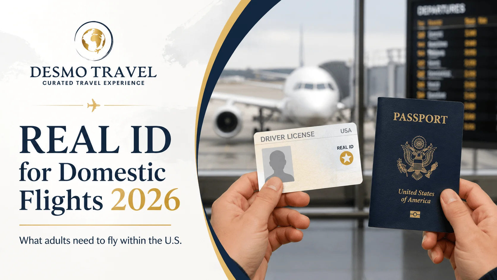 Comparison of REAL ID, passport book and passport card for domestic and international flights. Caption: A passport card works for domestic flights but not international air travel.