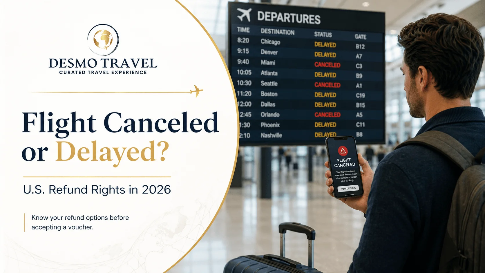 Flight Canceled or Significantly Delayed? U.S. Refund Rights in 2026 6 Traveler reviewing a canceled flight alert and U.S. refund options. Caption: Know whether rebooking, a voucher, or a refund best protects your trip.