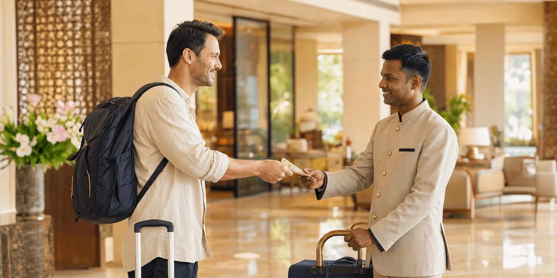 Tipping in India: traveler thanking a hotel porter after luggage assistance